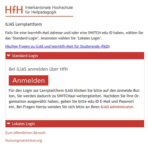 Screenshot des Anmeldefensters der Lernplattform ILIAS, ausgewählt ist das Standard-Login