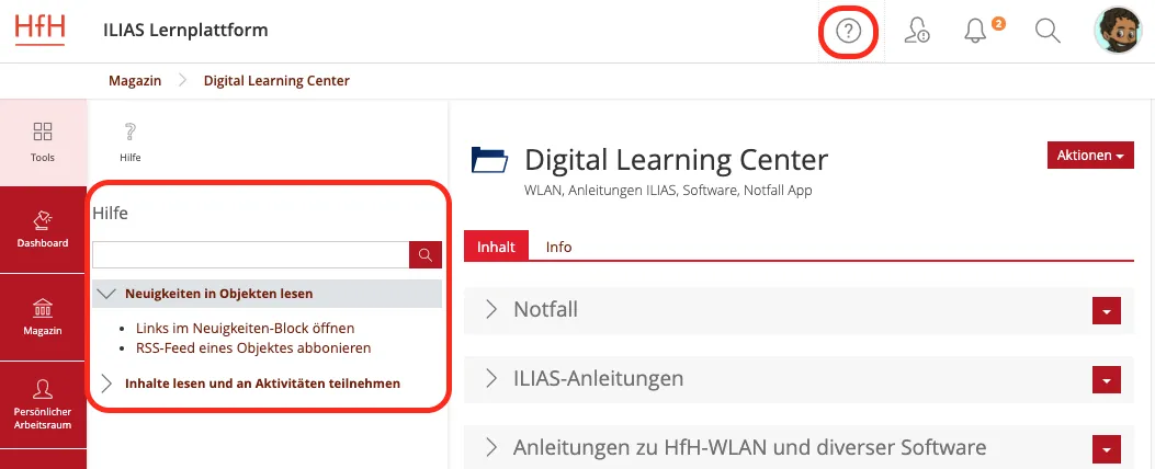 Screenshot der ILIAS-Hilfe, hervorgehoben ist der Hilfe-Knopf oben rechts und die Hilfe-Sektion am linken Bildrand